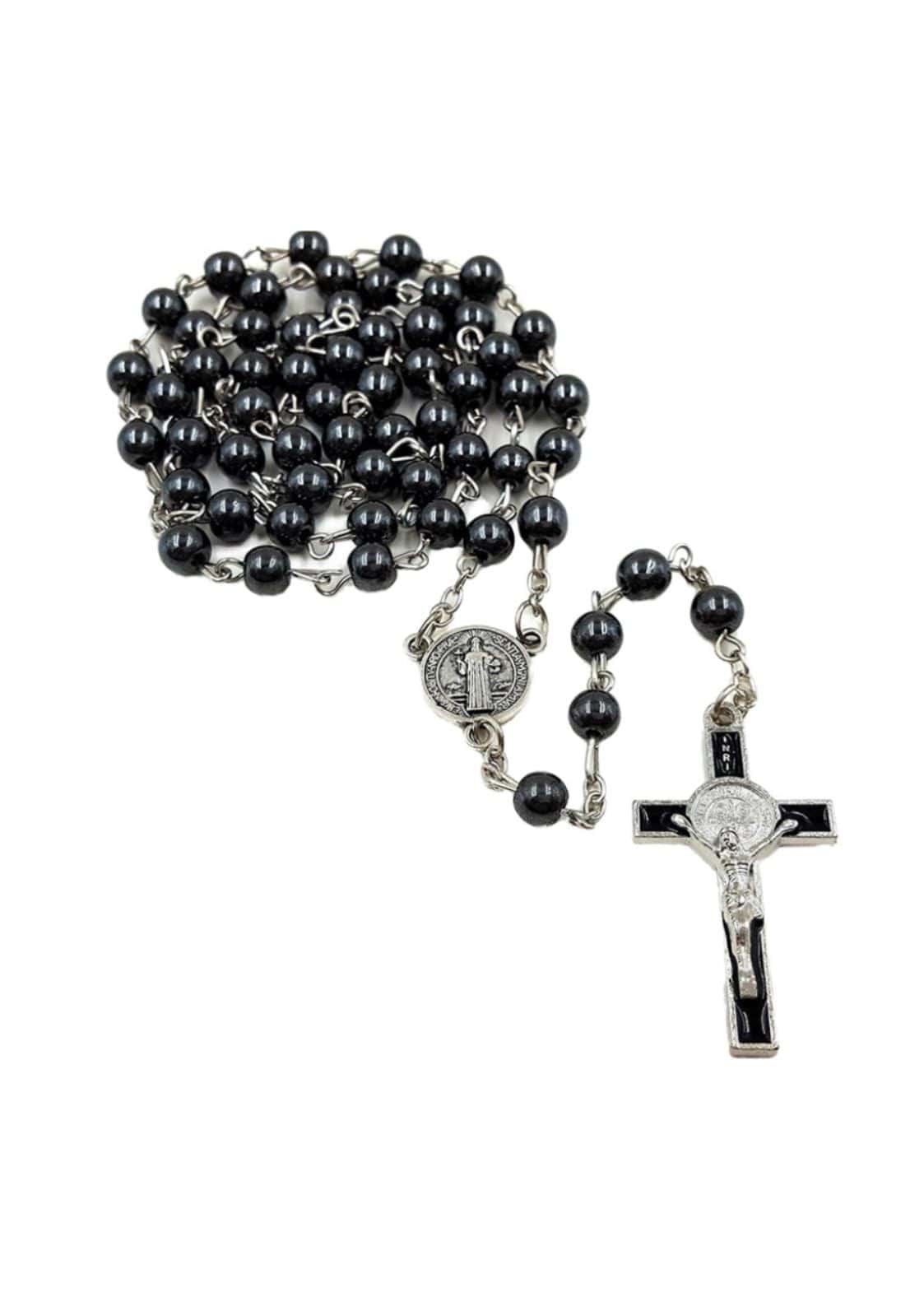 Gunmetal steel rosenkranz mit schwarzen perlen, silbernen akzenten und gothic kreuz für horror anlässe